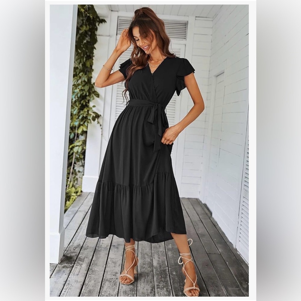 Chic Black Midi Dress with Tie Waist - Picture 3 of 8